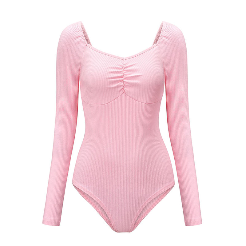 Pink Pleated V Neck Long Sleeve Bodysuit TQK550215-10