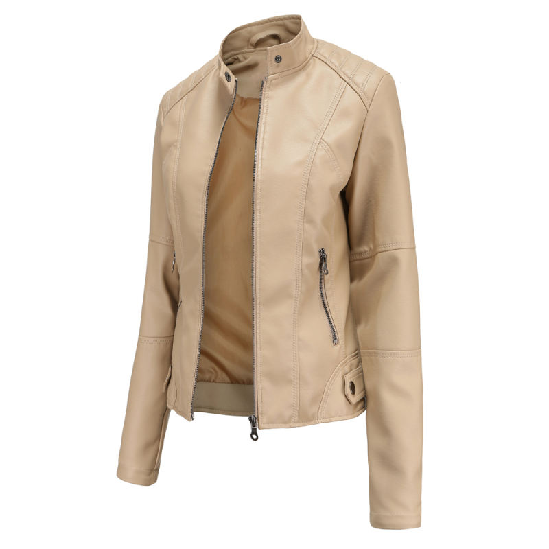 Apricot Slim Fit Stand Collar PU Motorcycle Jacket TQK280091-18