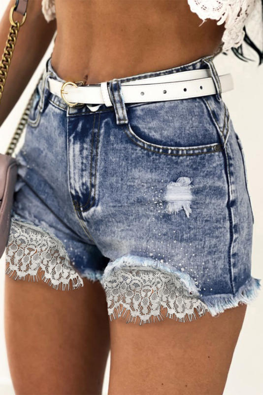 Lace Rhinestone Decor Frayed Hem Denim Shorts LC781175-4