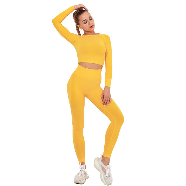Yellow Seamless Long Sleeve Yoga Sports Set TQE00135-7