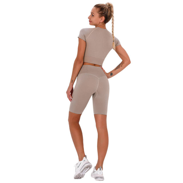 Wood Brown Seamless Short Sleeve Yoga Sports Set TQE00138-213