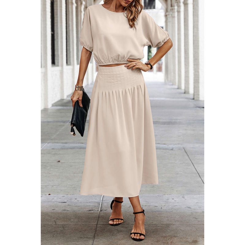 Apricot Pleated Crop Top with Skirt Set TQX711094-18