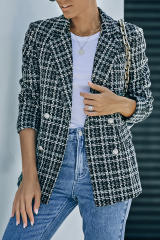 Black Lapel Collar Plaid Tweed Double Breasted Blazer LC852400-2