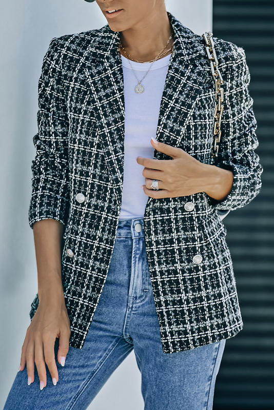 Black Lapel Collar Plaid Tweed Double Breasted Blazer LC852400-2