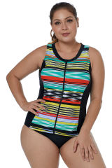 Greenish Fuzzy Striped Zip Down Tankini Vest