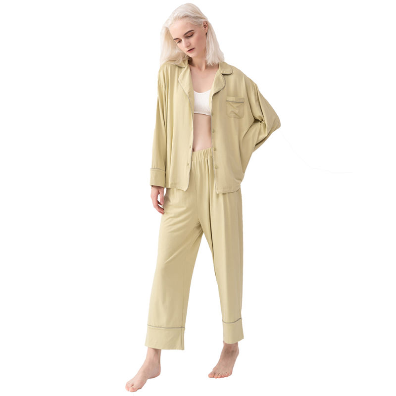 Olive Green Cotton Long Sleeve Shirt Pajamas Set TQE90121-52