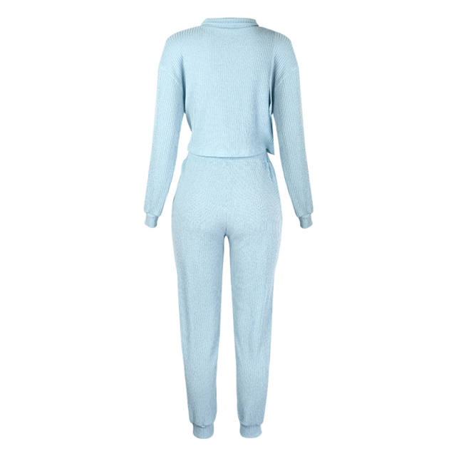 Light Blue Zipper Up Leopard Detail Sweatshirt with Pant Set TQK710222-30