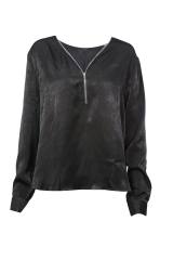 Black Front Zip V Collar Long Sleeve Plus Size Tops