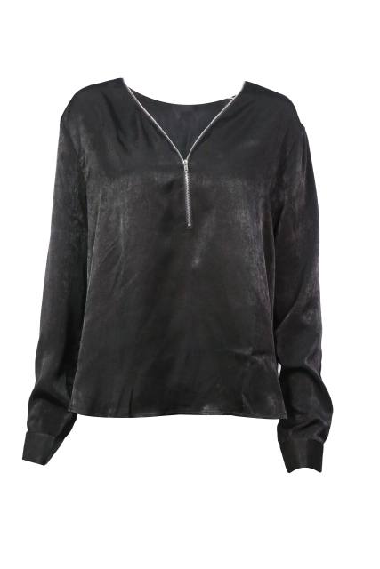 Black Front Zip V Collar Long Sleeve Plus Size Tops