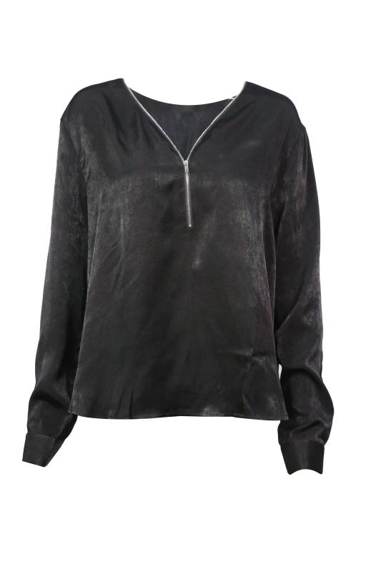 Black Front Zip V Collar Long Sleeve Plus Size Tops