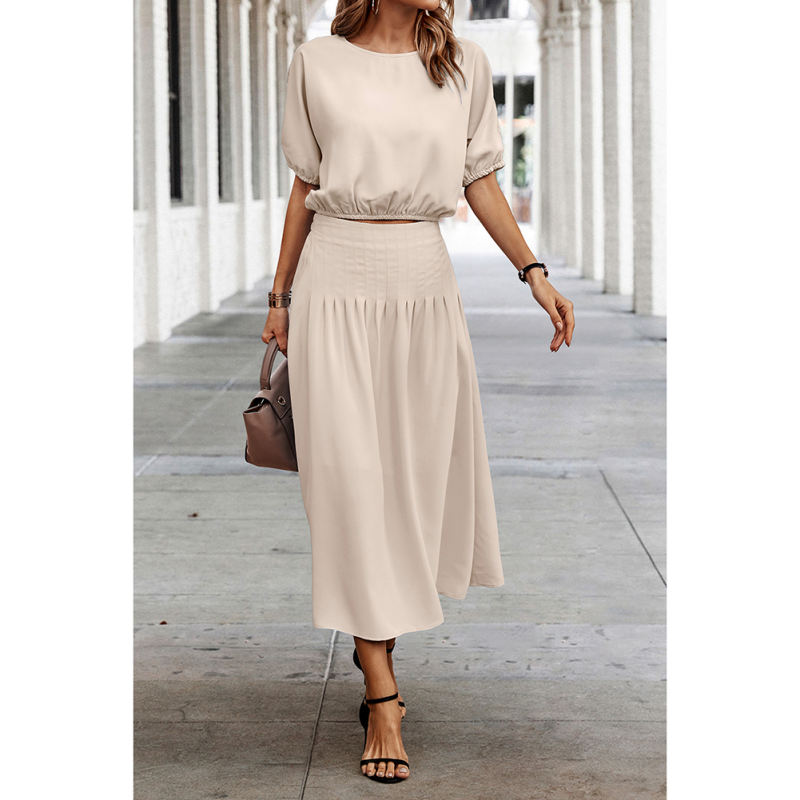 Apricot Pleated Crop Top with Skirt Set TQX711094-18