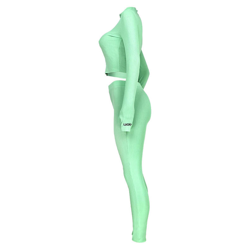 Light Green Cotton Blend Zipper Datail Long Sleeve Top with Pant Set TQK710132-28