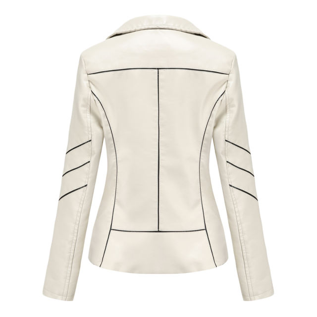 Beige Turn Down Slim Fit PU Leather Jacket TQK280095-46