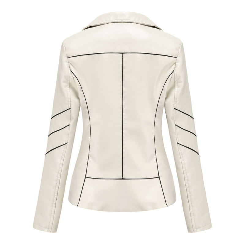 Beige Turn Down Slim Fit PU Leather Jacket TQK280095-46