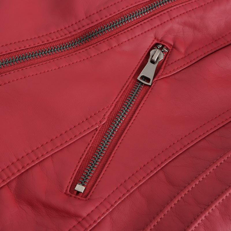 Red Zipper Slim Fit Motorcycle PU Leather Jacket TQK280090-3