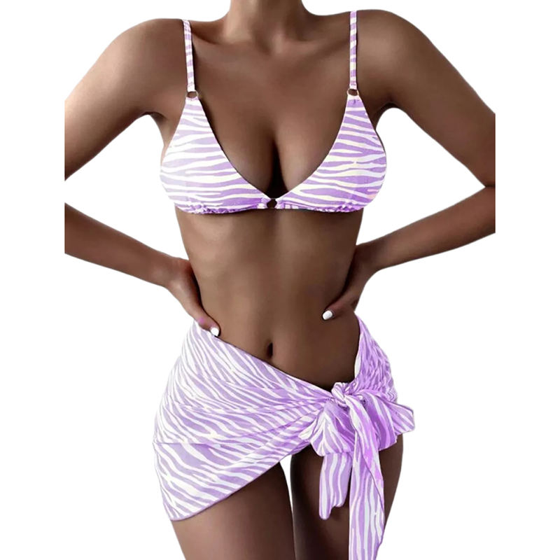 Light Purple 3pcs Stripe Tie Waist Skirt with Bikini Set TQK610252-38