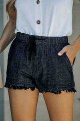 Black Casual Pocketed Frayed Denim Shorts LC77959-2
