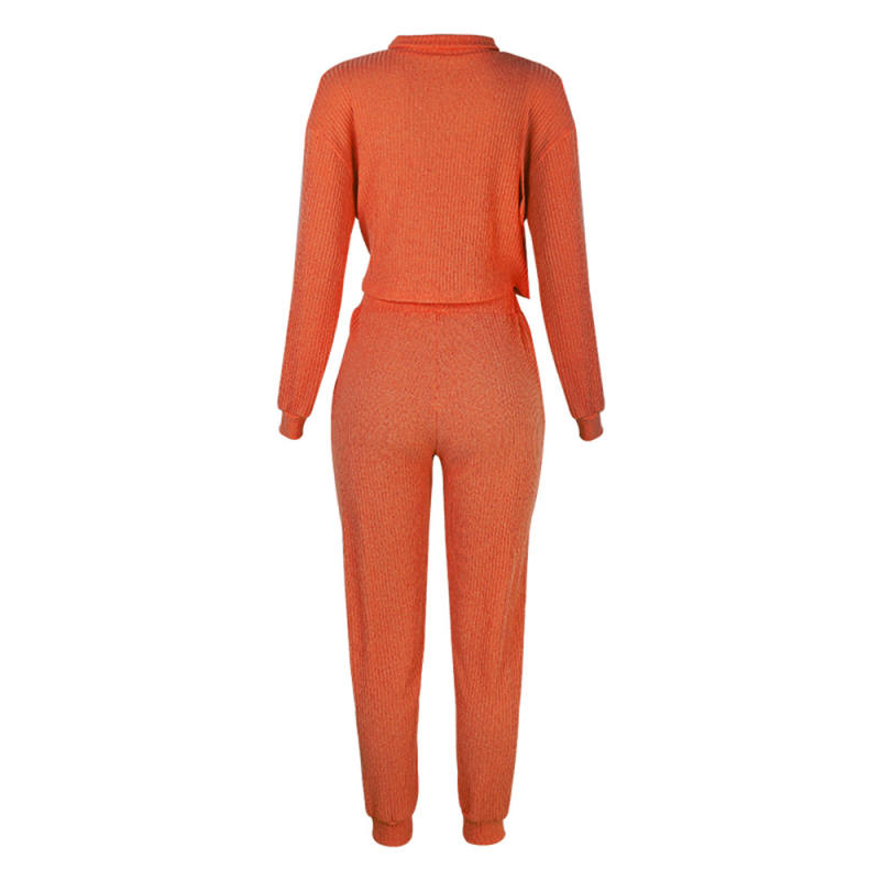 Orange Zipper Up Leopard Detail Sweatshirt with Pant Set TQK710222-14