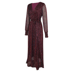 Burgundy Sequin V Neck High Split Maxi Dress TQK311352-23
