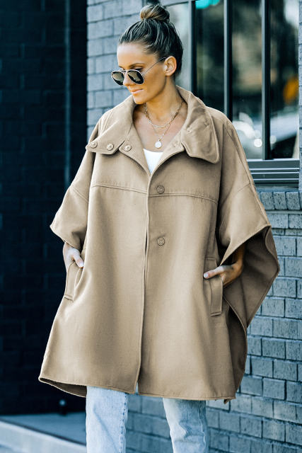 Khaki Snap Button Turn-down Collar Cape Coat LC859002-16