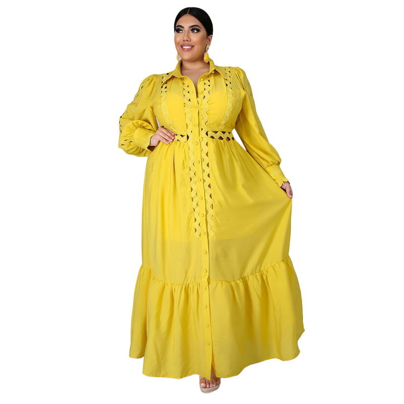 Solid Yellow Button Down Plus Size Dress TQK310446-7