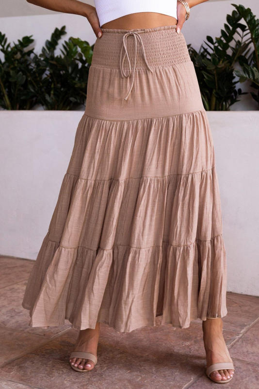 Pink Smocked High Waist Tiered Maxi Skirt LC651192-10