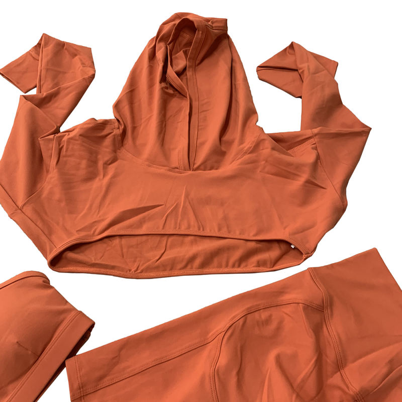 Orange 3pcs Yoga Bra Crop Hoodie and Shorts Set TQE91365-14