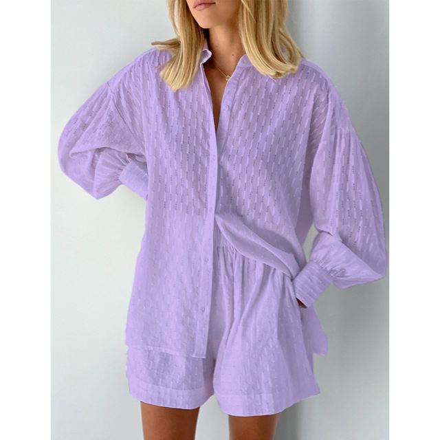 Purple Hollow-out Jacquard Long Sleeve Shirt with Shorts Set TQF711040-8