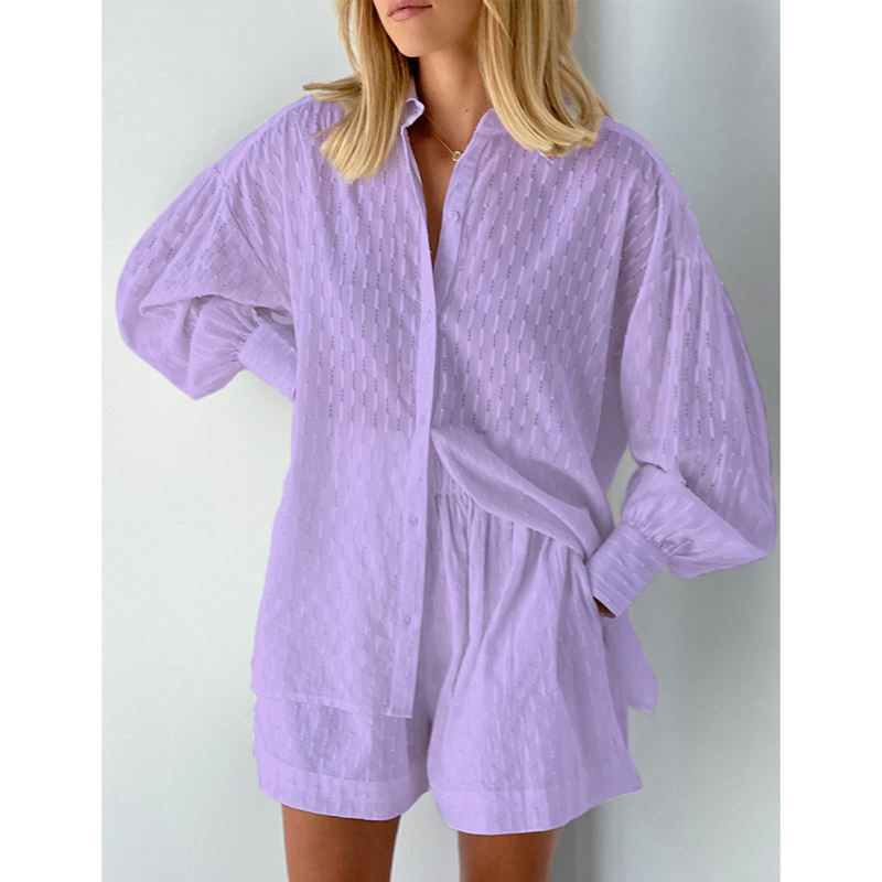 Purple Hollow-out Jacquard Long Sleeve Shirt with Shorts Set TQF711040-8