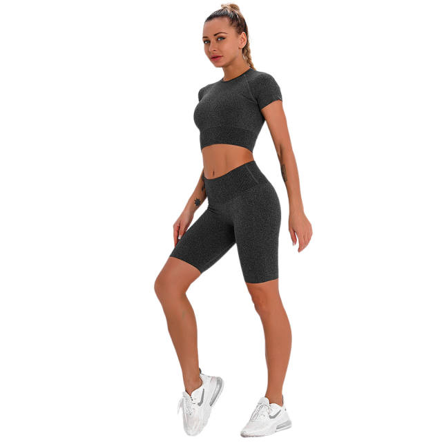 Dark Gray Seamless Short Sleeve Yoga Sports Set TQE00138-26