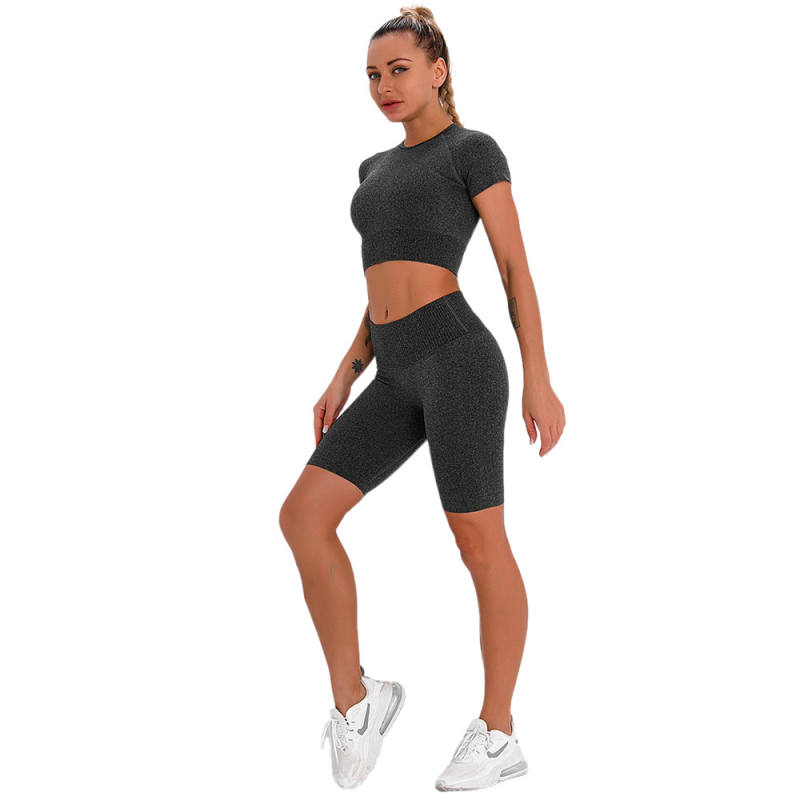 Dark Gray Seamless Short Sleeve Yoga Sports Set TQE00138-26