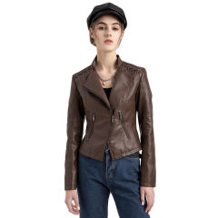 Coffee Zipper Slim Fit Motorcycle PU Leather Jacket TQK280090-15