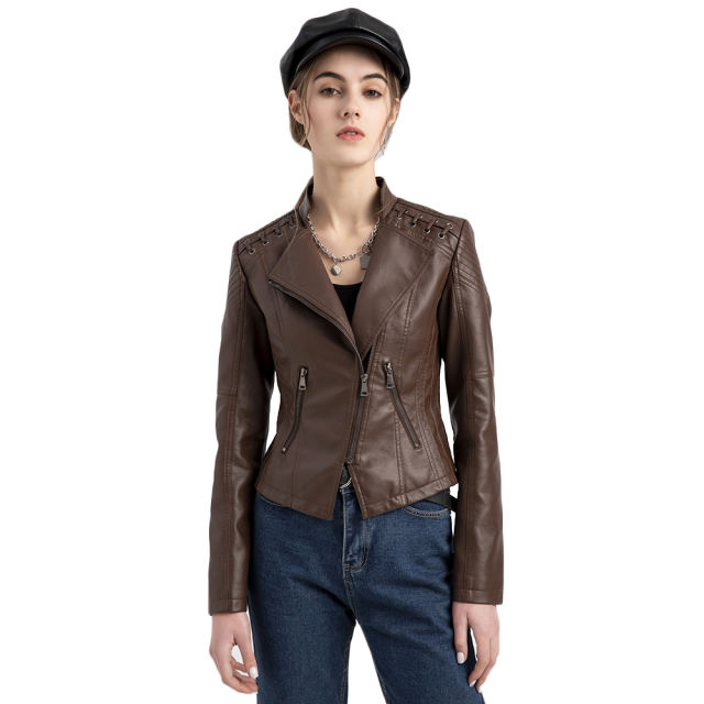 Coffee Zipper Slim Fit Motorcycle PU Leather Jacket TQK280090-15