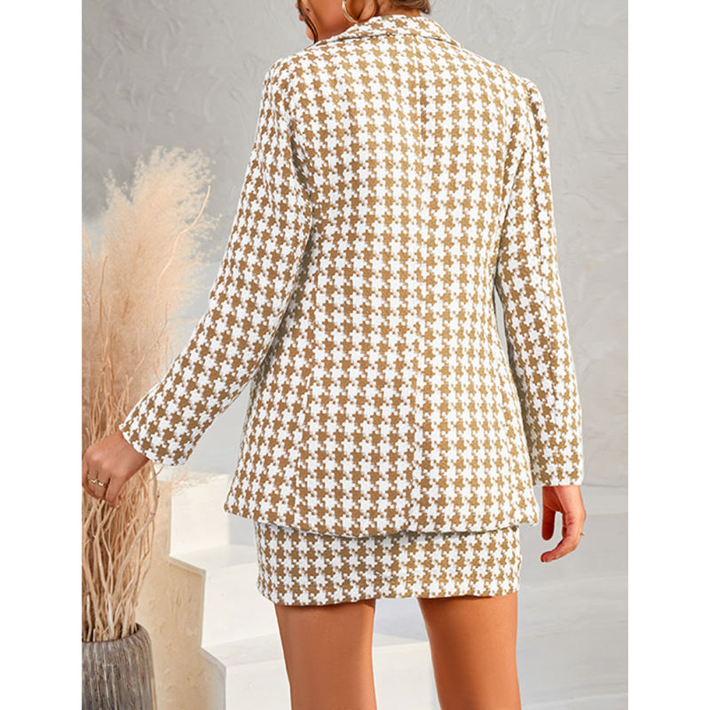 Khaki Plaid Print Blazer and Button Split Skirt Set TQF711046-21