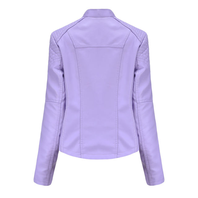 Light Purple Zipper Slim Fit Motorcycle PU Leather Jacket TQK280090-38