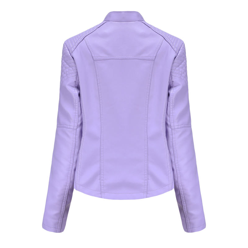 Light Purple Zipper Slim Fit Motorcycle PU Leather Jacket TQK280090-38
