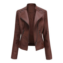 Coffee Zipper Slim Fit Motorcycle PU Leather Jacket TQK280090-15