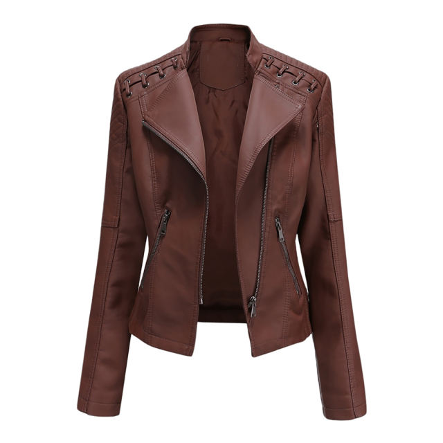 Coffee Zipper Slim Fit Motorcycle PU Leather Jacket TQK280090-15