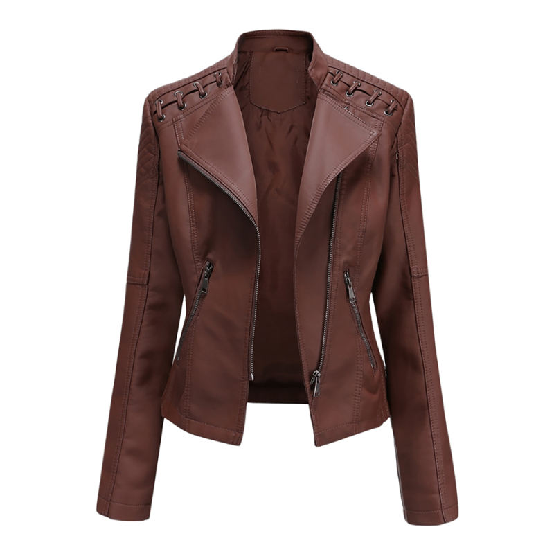 Coffee Zipper Slim Fit Motorcycle PU Leather Jacket TQK280090-15