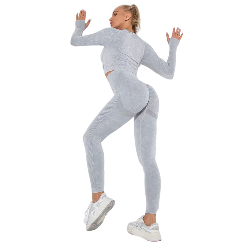 Light Gray Nylon Seamless Long Sleeve Pant Yoga Set TQE91361-112