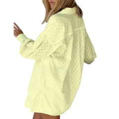 Yellow Hollow-out Jacquard Long Sleeve Shirt with Shorts Set TQF711040-7