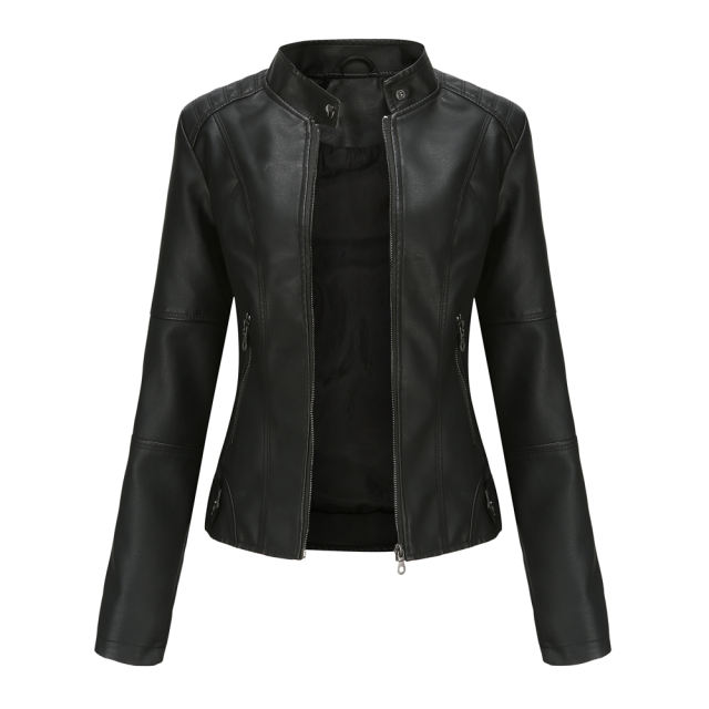 Black Slim Fit Stand Collar PU Motorcycle Jacket TQK280091-2