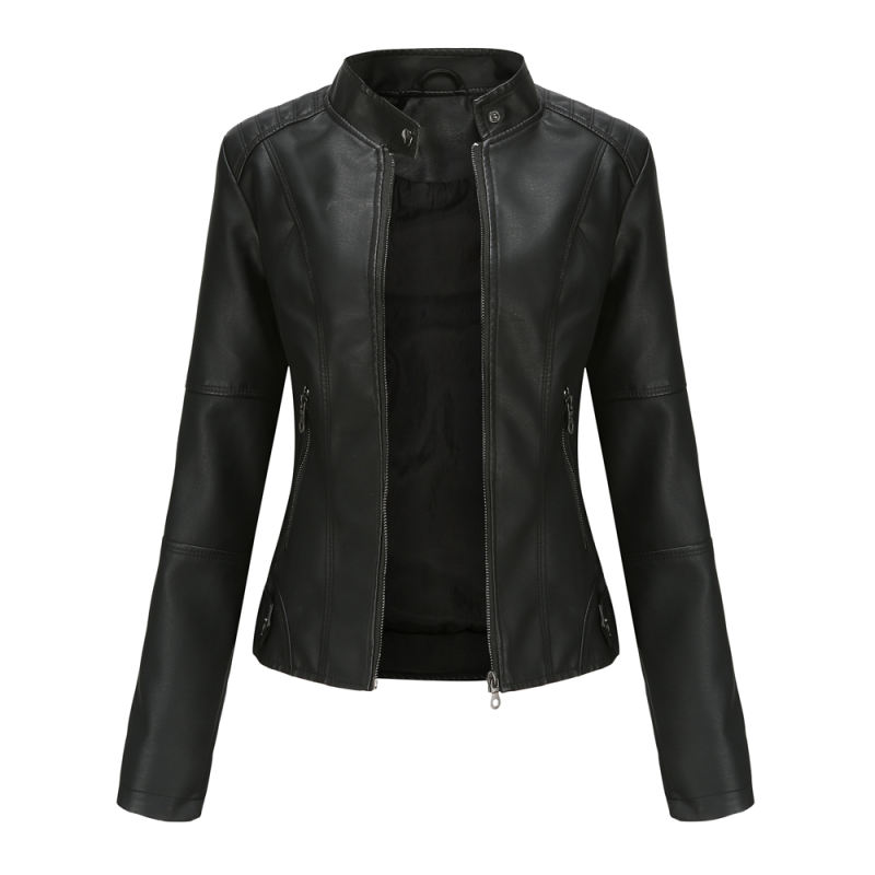 Black Slim Fit Stand Collar PU Motorcycle Jacket TQK280091-2