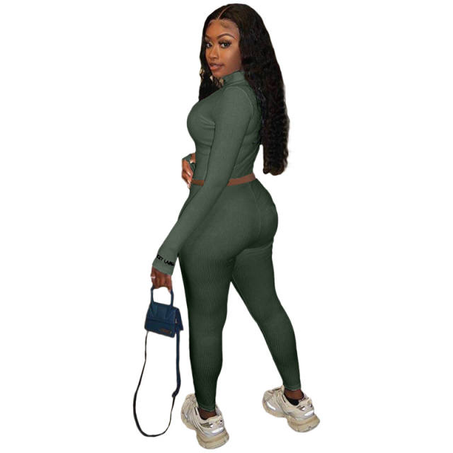 Army Green Cotton Blend Zipper Datail Long Sleeve Top with Pant Set TQK710132-27