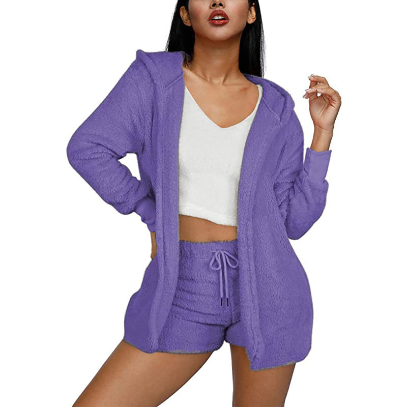 Purple Plush Hoodie with Shorts and White Vest 3pcs Set TQK710393-8