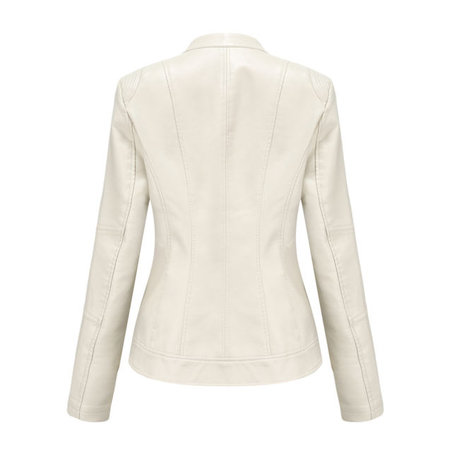 Beige Stand Collar Zipper Detail PU Leather Jacket TQK280094-46