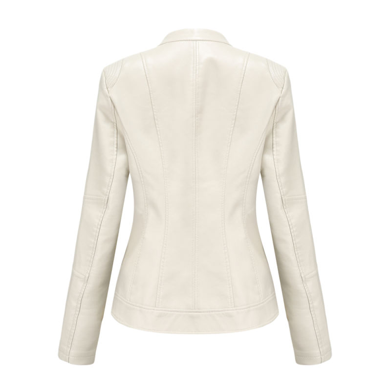 Beige Stand Collar Zipper Detail PU Leather Jacket TQK280094-46