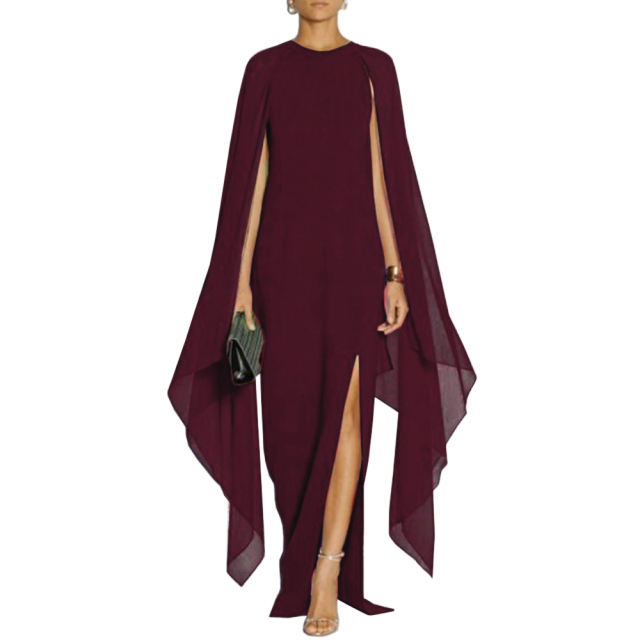 Wine Red Crepe Flared Sleeve Bodycon Maxi Dress LCSN070-103