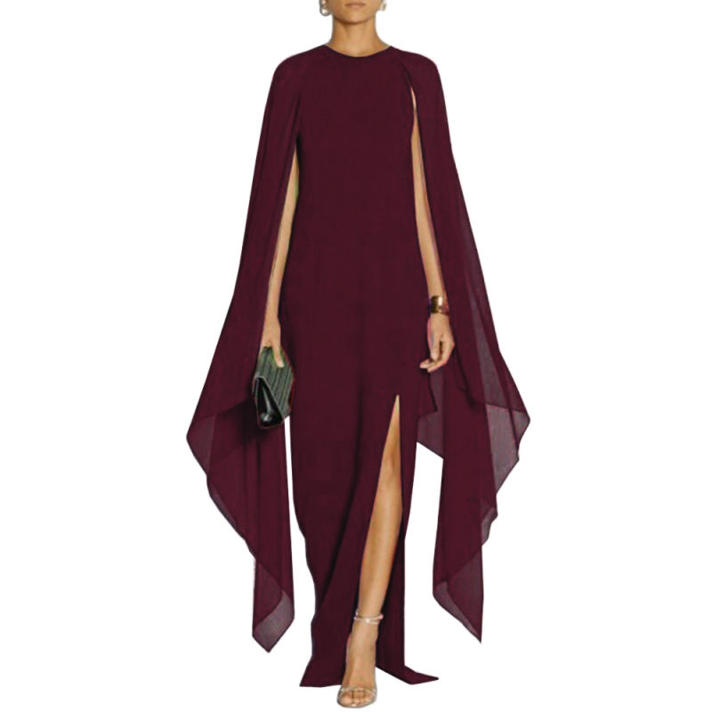 Wine Red Crepe Flared Sleeve Bodycon Maxi Dress LCSN070-103