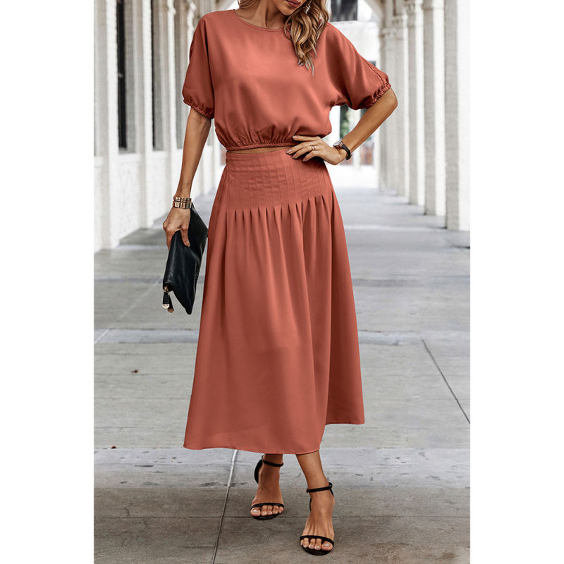 Rust Red Pleated Crop Top with Skirt Set TQX711094-33